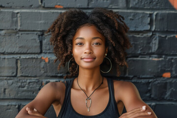 Fototapeta premium Confident young woman smiling against urban brick wall backdrop