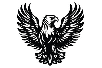 Black-and-white illustration of a majestic eagle with its wings fully spread