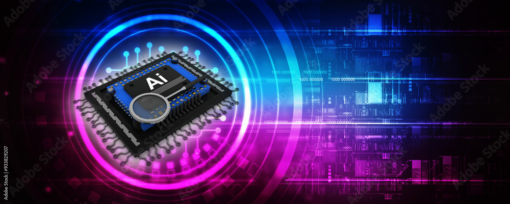 Poster 3d rendering microchips with lens