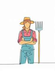 Single continuous line drawing of young female farmer cross arm on chest while holding farm fork. Professional work job occupation.