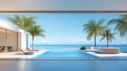 Modern villa with infinity pool overlooking a serene ocean. Palm trees and clear sky create a tranquil paradise.