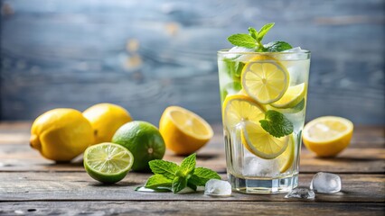 Fototapeta premium Refreshing summer drink with lemon and lime ice cubes in a glass of water , refreshing, summer, drink, lemon, lime