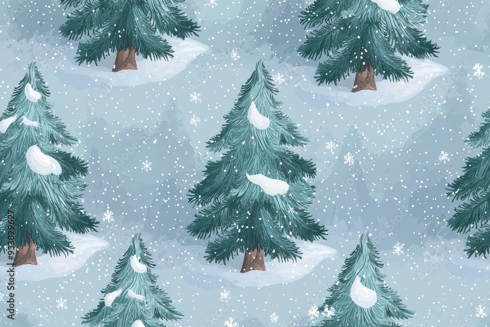 Poster illustration of a snowy winter forest with coniferous trees on a snowy day in the mountains