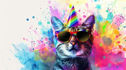 A cat dressed up with a party hat and sunglasses, highlighting a fun and celebratory moment.
