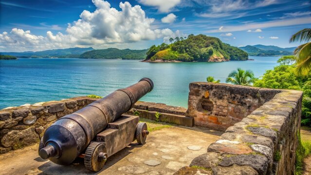Old Spanish cannon at the fortress ruin of Santiago with a view over the Caribbean Sea in Portobelo near Colon, Panama