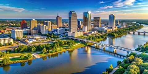 Naklejka premium Aerial view of downtown Little Rock with skyscrapers and the Arkansas River, cityscape, urban, architecture, buildings