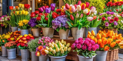 Fototapeta premium Vibrant assortment of roses, Eustoma, tulips, and other blooms artfully arranged at the entrance of a flower store, showcasing beauty for online catalog and delivery services.