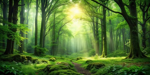 Obraz premium Lush green leaves and moss in a tranquil forest setting, nature, foliage, organic, fresh, outdoor, greenery, plants, earthy