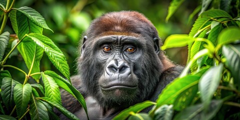 Fototapeta premium Gorilla hiding in lush green leaves, wildlife, nature, camouflage, jungle, primate, animal, hiding, gorilla