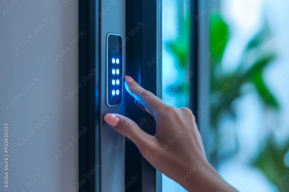 Aufkleber a young woman enters a code on a keypad on an alarm system in an indoor setting