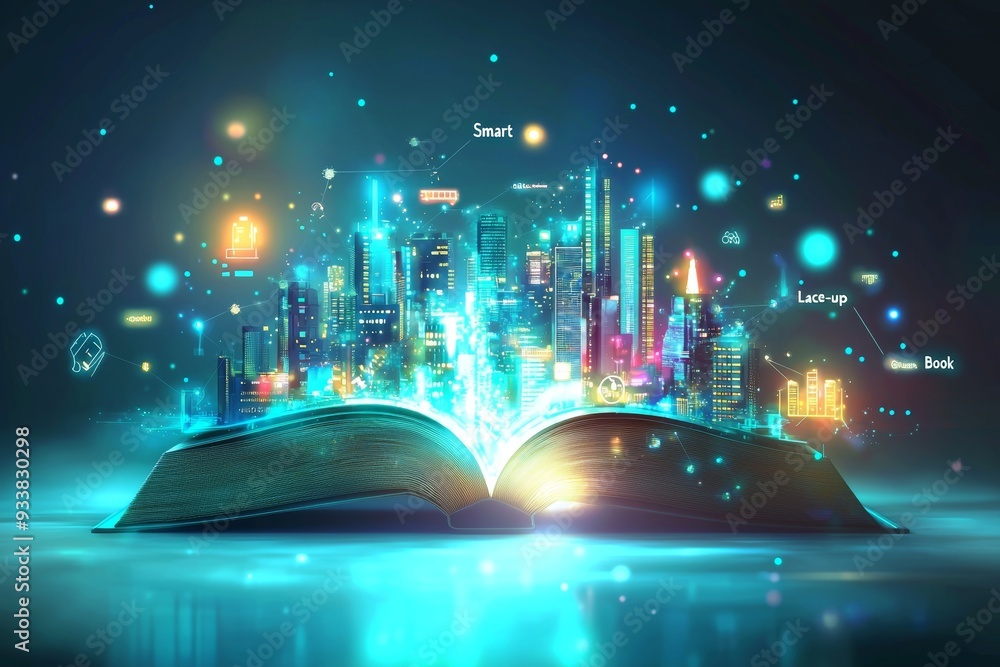Aufkleber In the open book pages is a beautiful scene of modern city skyline controlled by a wireless connection iot automation system.