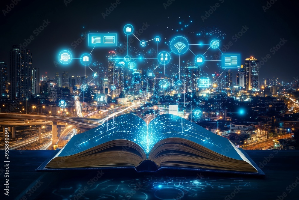 Poster Open book pages with smart home controlled wireless connections iot automation system show a beautiful night view of a modern city skyline.