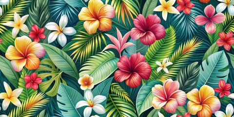 Fototapeta premium Tropical flowers seamless pattern with colorful plumeria and hibiscus flowers, palm leaves