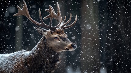 Snow-covered noble deer in artistic winter landscape.