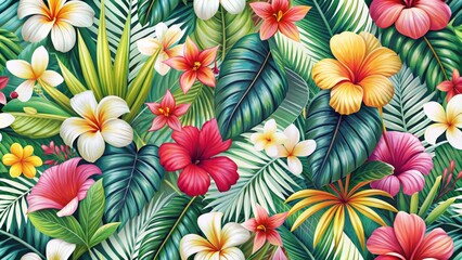 Tropical flowers seamless pattern with colorful plumeria and hibiscus flowers, palm leaves