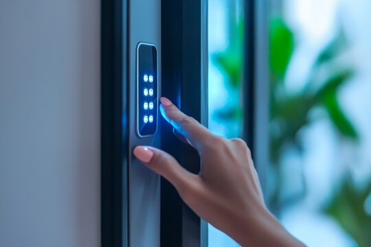 A young woman enters a code on a keypad on an alarm system in an indoor setting