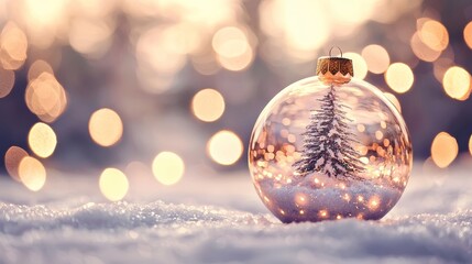 In this image, a Christmas glass ball holds a tree on a winter background.