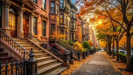Obraz premium Vibrant autumn foliage lines the sidewalks of historic Harlem, where iconic brownstones and ornate ironwork meet the warm glow of a fading fall afternoon.