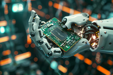 Modern High Tech Authentic Robot Arm Holding Contemporary Super Computer Processor. Industrial Robotic Manipulator End Effector Holding CPU Chip