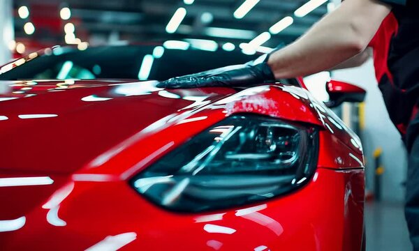 Car Detailing - Applying Protective Film to Red Sports Car