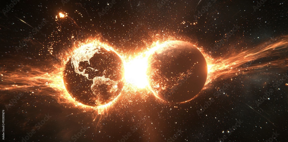 Aufkleber 3d rendering of sunrise in space over distant planets