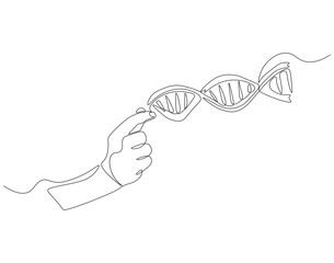 Continuous one line drawing of hand holding DNA. One line drawing illustration of human DNA. World science day concept line art. Editable outline