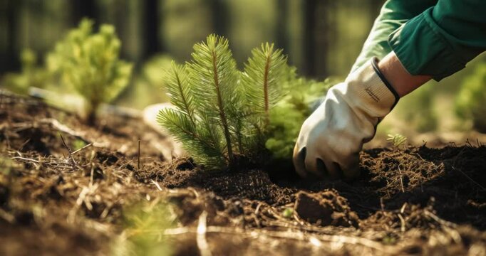 forest conifer plant growth forest ecosystem forestry industry management reforestation environmental rehabilitation concept nature regeneration, hands planting pine tree