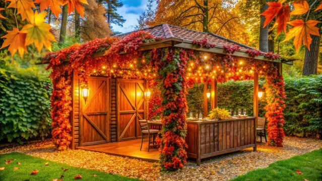 Vibrant autumn leaves and lush greenery adorn a traditional Jewish sukkah, with intricate schach roof and warm lighting, evoking cozy festive atmosphere.