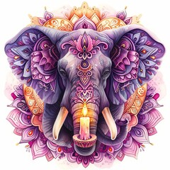 Watercolor purple Indian elephant with floral pattern and lamp on white background. Ganesh Chaturthi. Diwali. Elephant festival in India. illustration in tribal or boho style for design