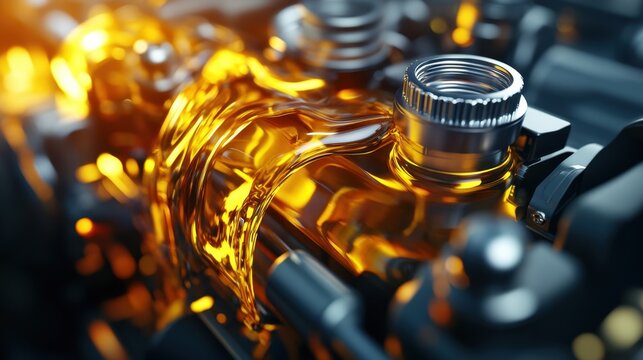 3D rendering of a car engine with glistening motor oil flowing through its parts, emphasizing smooth operation and maintenance.