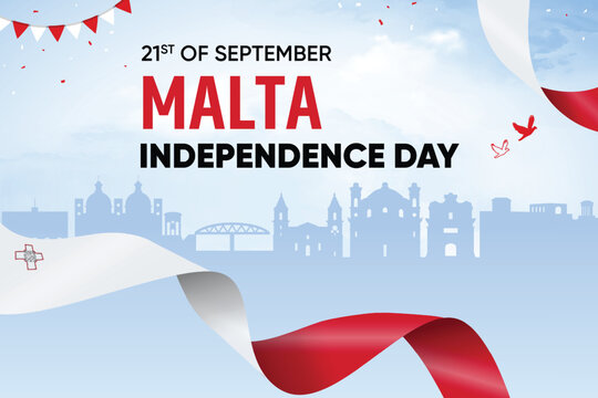 Malta Flag Waving On Skyline Background. Independence Day Concept Design Vector Illustration.