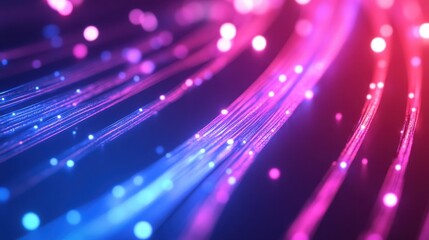 Obraz premium Abstract banner presenting fuchsia blue shining neon curves and bokeh lights Data movement notion