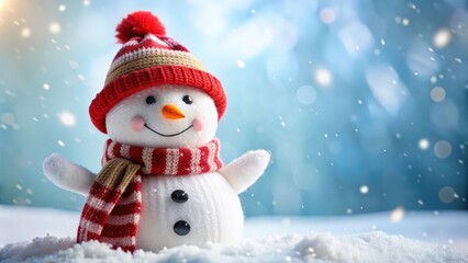 Fototapeta premium Cheerful snowman wearing a festive Christmas hat and scarf , Christmas, snowman, winter, holiday, decoration, cute, happy, scarf