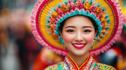 Fototapeta premium A vibrant portrait of a smiling woman in traditional festive attire and colorful headdress, showcasing cultural beauty and joy.
