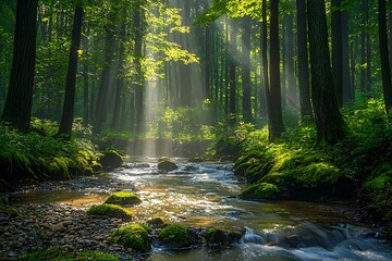 Obraz premium A peaceful, lush forest with towering trees and a gently flowing stream.