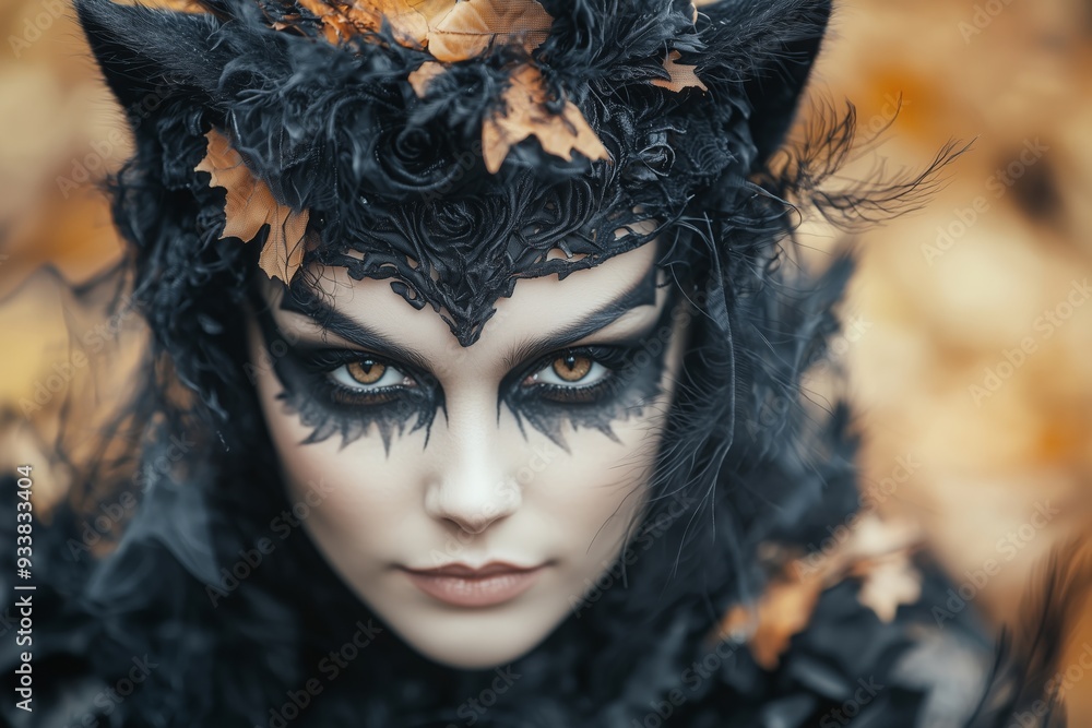 Wall mural stunning close-up of a woman in a cat-themed halloween costume with intense orange eyes, intricate b