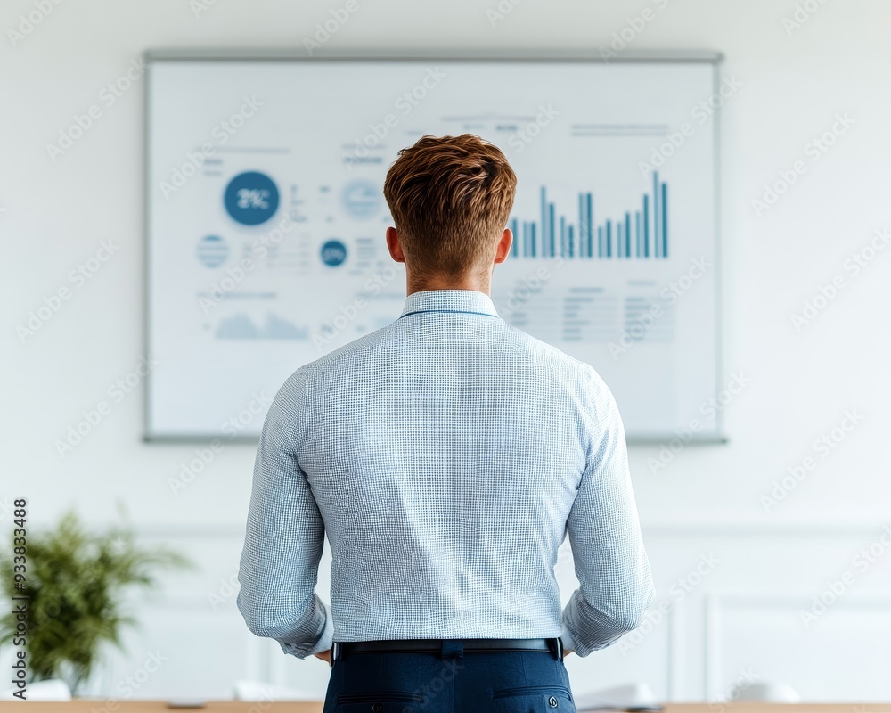 Poster A professional man analyzes data and graphs in a modern office, gaining insights from a presentation on business performance.