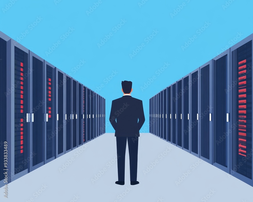 Poster a professional man stands facing rows of server racks, showcasing a modern data center environment w
