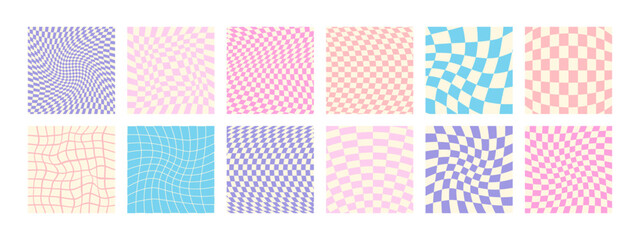 Set of funky groovy backgrounds vector design. Cool abstract colorful patterns. Y2K aesthetic, flat design, 1970 trippy grid, wavy swirl poster collection in bright colors.