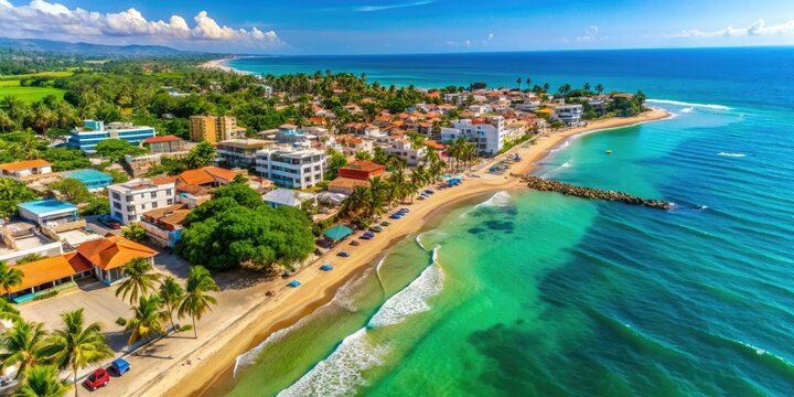Vibrant beach town of Rincon del Mar, Sucre, Colombia, shines with lush greenery, turquoise Caribbean Sea, and sandy shores in stunning aerial view.