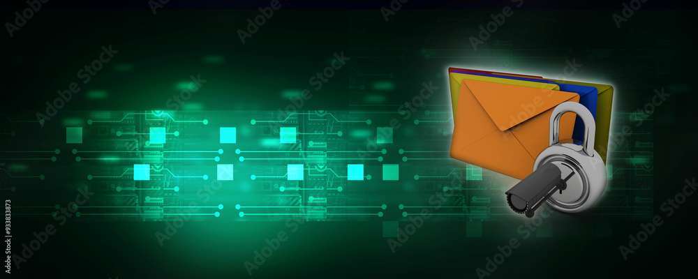 Poster 3d rendering envelope network secured cctv camera protected lock