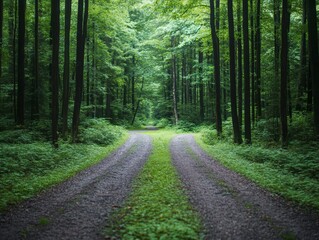 Fototapeta premium A serene forest path splits in two, surrounded by vibrant greenery and tall trees, inviting exploration and adventure.