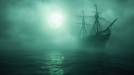 Ghostly ship sailing under eerie green moonlight in foggy waters for Halloween night