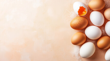 Fresh white and brown chicken eggs  on peasch background. Natural healthy nutrition organic farm food product concept. World egg day, easter holiday composition. Copy space, space for text
