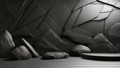 Black rock and stone minimalist for product showcase geometric shape background, mockup for podium display.Generative AI
