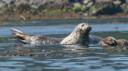 Mother Seal and Pup Swimming in Ocean.