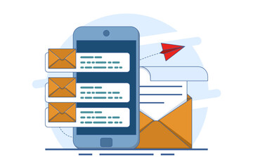 Email marketing concept, Online business strategy, Advertising, Email newsletter, messages, Marketing materials for landing pages, web banners, social media, infographics. Flat vector illustration.