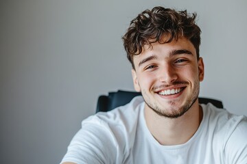 Fototapeta premium Young man smiling, white t-shirt, grey background.