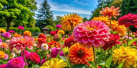 Vibrant blooms of pink, yellow, and orange flowers dance in the warm sunlight amidst lush greenery in a picturesque New England summer garden.