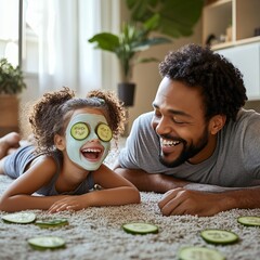 Father and daughter having a spa day at home, face masks and cucumber slices on eyes